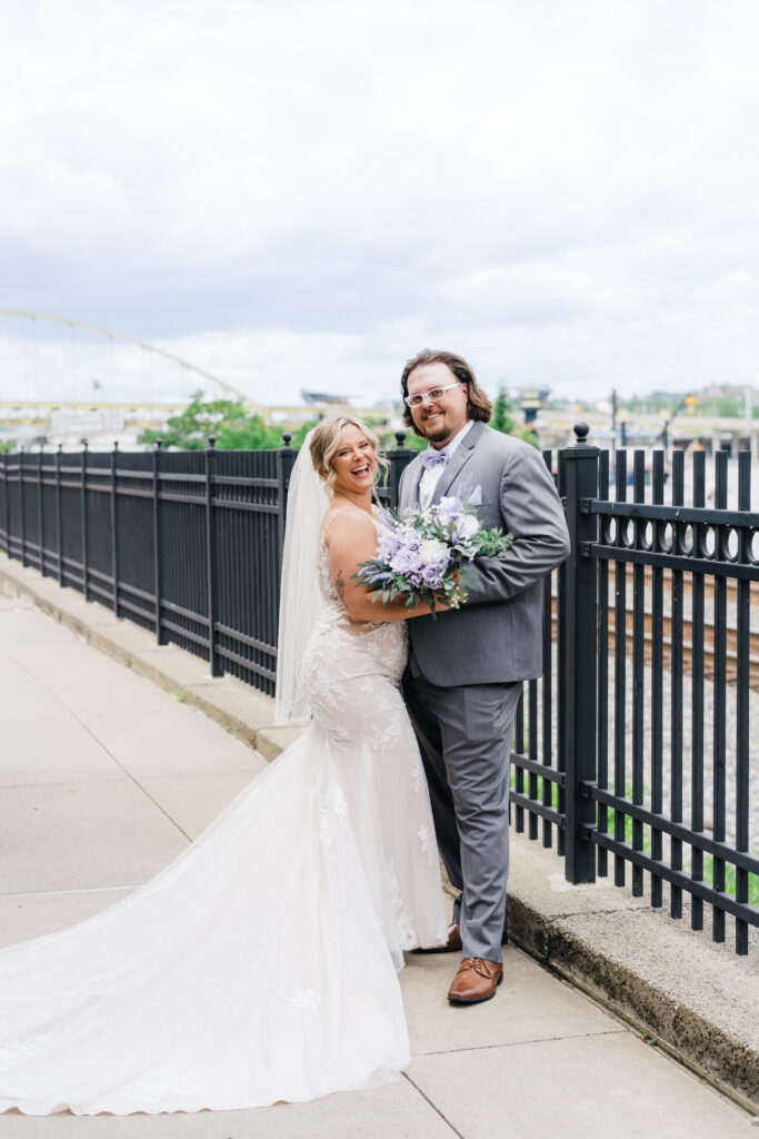 Sheraton Station Square wedding couple portraits with Pittsburgh bridges background