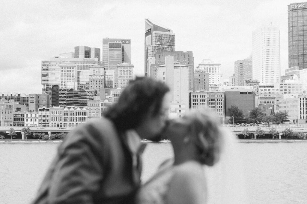 Sheraton Station Square wedding couple portraits with Pittsburgh skyline