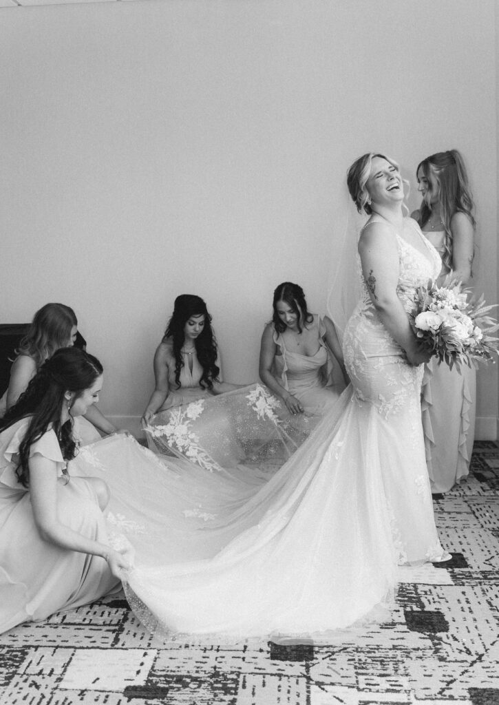Bride getting ready at Sheraton Station Square wedding with bridesmaids