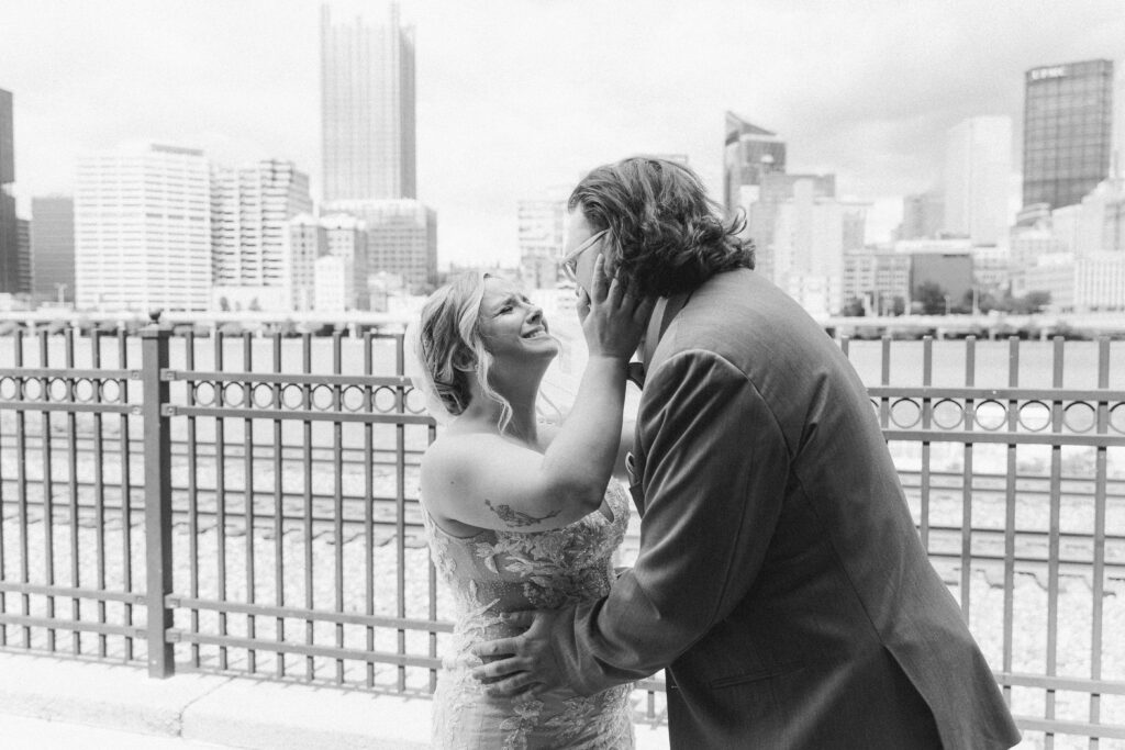 Emotional first look moment at Sheraton Station Square wedding