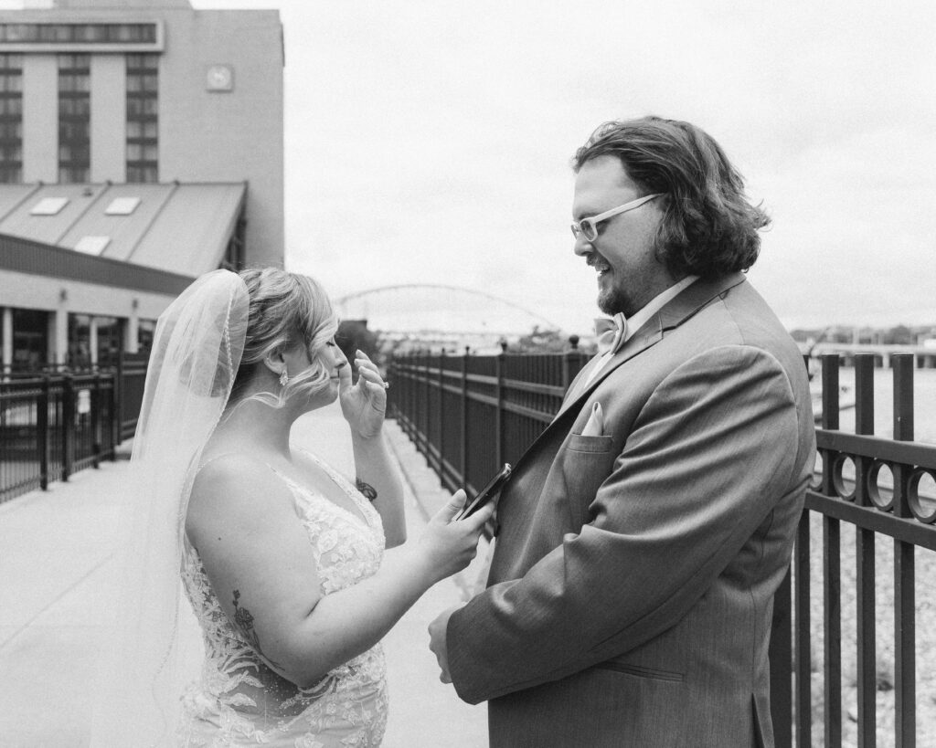 Sheraton Station Square wedding first look with Pittsburgh skyline backdrop