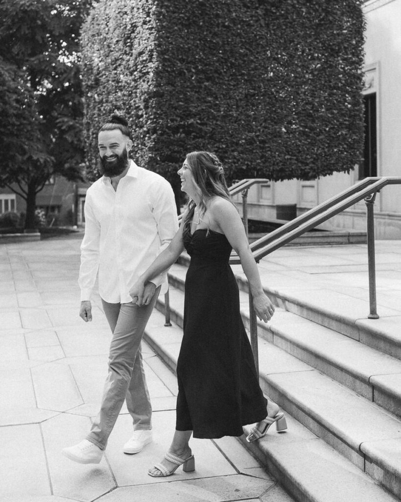 laughing Pittsburgh engagement photos outsideThe Frick